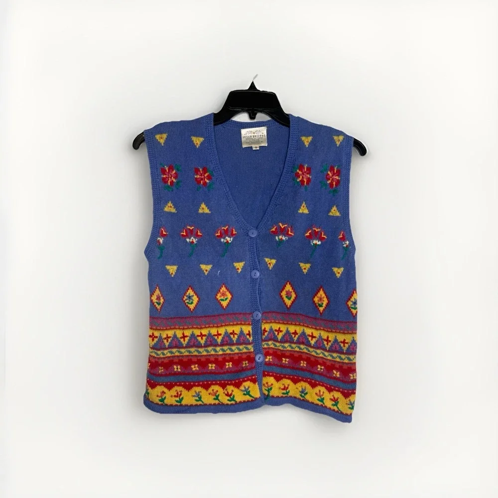 Vintage Susan Bristol Women's S Hand Embroidered Floral Rainbow Vest Teacher